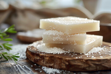 Pieces of natural soap with sea salt on wooden board, closeup