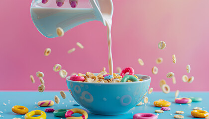Female hand pouring milk from pitcher into bowl with colorful cereal rings on blue table on pink background