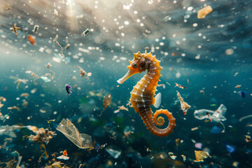 Seahorse swimming in littered water. Close-up of a seahorse. Concept of pollution of seas and oceans.