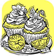 Sweet tasty dessert cupcake with cream and deco for morning breakfast in café or restaurant. Mini birthday cake for pleasure. Hand drawn retro vintage colorful vector illustration. Old style drawing.