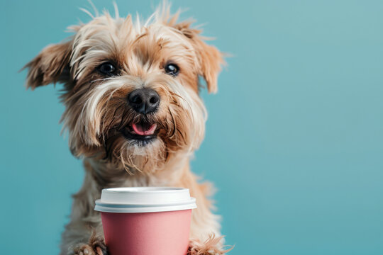 Cute dog with a cup of coffee on a blue background.