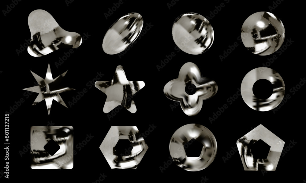 Poster metallic chrome shiny design elements set.abstract shapes and objects with chrome effect,star,flower