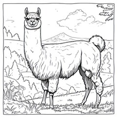 Naklejka premium alpaca drawing Coloring book page