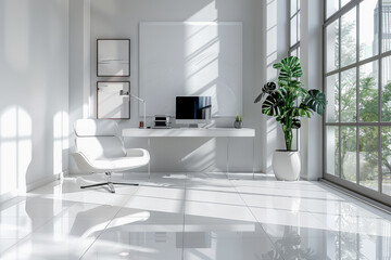 Interior of modern office with white walls, tiled floor, white computer table and white armchair.