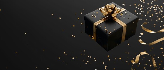 Obraz premium Black and gold gift box with sparkling glitter confetti for black friday social media marketing. Black friday sales concept. Top view photo of black gift boxes. Generative Ai