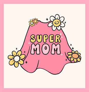Naklejki Retro Groovy Mothers Day Cape  Super Mom Doodle Drawing Vibrant Pastel Color for Greeting Card and Sticker, tshirt Sublimation.