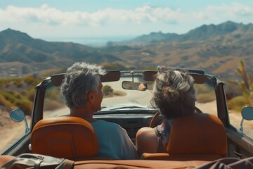 AI-generated illustration of an elderly couple on a road trip in a convertible
