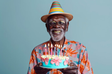 Obraz premium Funny portrait of African grandfather with cake and lighted candles on blue background. Retiree birthday party concept.