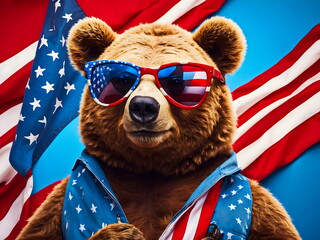 funny bear holding american flag with sunglasses red blue background generative AI