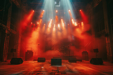 Empty concert stage aglow with spotlights and hazy ambiance amidst musical instruments, before upcoming concert