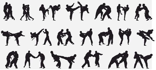 martial arts silhouette bundle for any design purpose.  Taekwondo, judo, wushu, capoeira, mma fighters in fighting poses, action. Wrestling, kick boxing, muay thai, sambo sports. © Pro Silhouettes