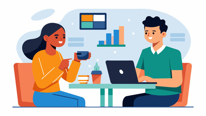 Two people sitting at a coffee shop discussing strategies for paying off debt and managing credit cards together.