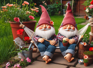 Zwei Gartenzwerge sitzen nach der Gartenarbeit in einer Hängematte und entspannen - obrazy, fototapety, plakaty