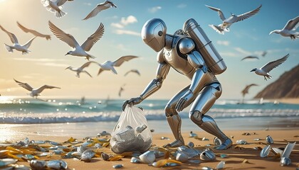 A humanoid figure with a metallic, recycled texture, collecting discarded plastic