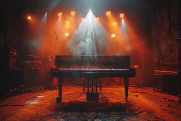 Solitary grand piano bathed in dramatic spotlights, onset of an upcoming concert