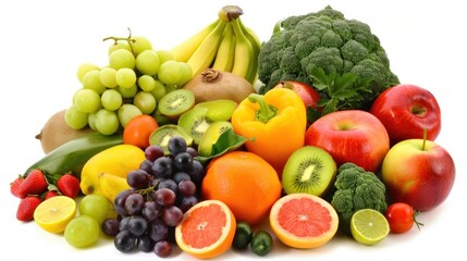 photo of various fresh vegetables and fruits in white background - obrazy, fototapety, plakaty