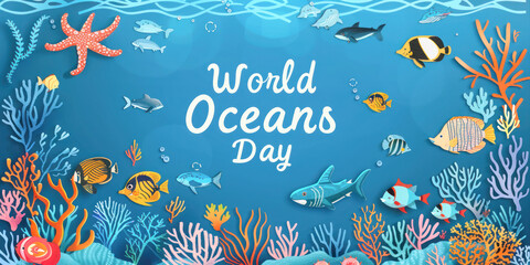 Vibrant underwater scene depicting various colorful fishes, corals, and bubbles, commemorating World Oceans Day.