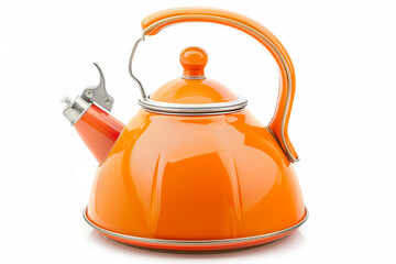 A retro-style electric kettle with a vibrant orange enamel finish and a whistle spout isolated on a solid white background.