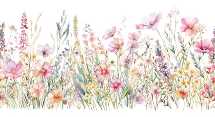 Colorful watercolor wildflower panoramic border. Seamless file.