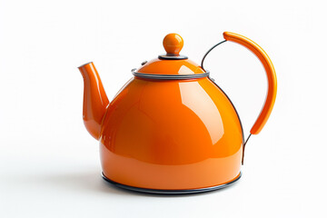 A retro-style electric kettle with a vibrant orange enamel finish and a whistle spout isolated on a solid white background.