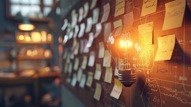 creative ideas concept picture of glowing light bulb with sticky note from teamwork on brainstorming board background.