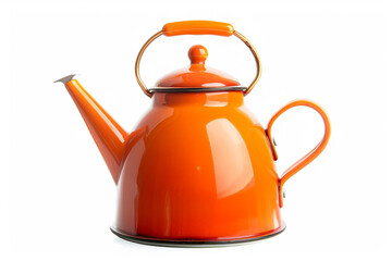 A retro-style electric kettle with a vibrant orange enamel finish and a whistle spout isolated on a...