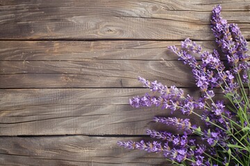 Fresh lavender flowers on a rustic wooden background, providing a serene and aromatic atmosphere with space for text - obrazy, fototapety, plakaty
