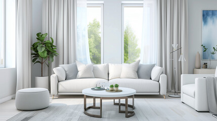 modern living room with window. Contemporary Elegance: Panoramic View of a Modern Living Room - Detailed 3D Rendering