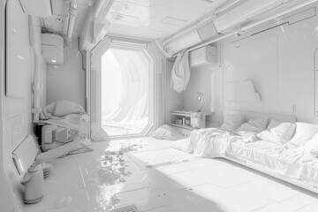 Interior of a white room in a spaceship.