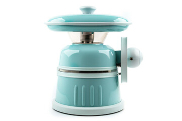 A retro-style juicer with a pastel blue exterior and a manual hand crank isolated on a solid white background.