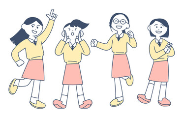 hand drawn illustration of exciting school girls. cartoon style vector drawing.  