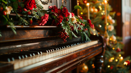closeup of piano keys with flowers and Christmas tree