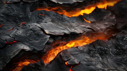 Molten lava illuminating craggy black terrain