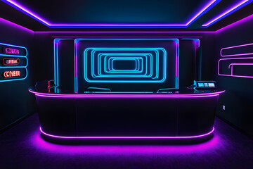 Obraz premium Modern office interior with sleek computer desks. Neon cyber-dark themed lighting .Reception desk at cinema theater, gaming center , billiard club