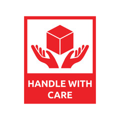 Handle with care label vector icon for packaging.