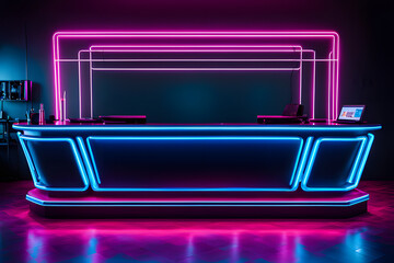 Obraz premium Modern office interior with sleek computer desks. Neon cyber-dark themed lighting .Reception desk at cinema theater, gaming center , billiard club