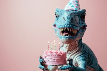 Funny dinosaur with birthday cake on pink background, close-up