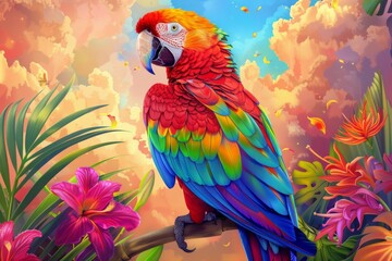 Vivid macaw parrot perched on branch against colorful tropical flowers and clouded sky backdrop
