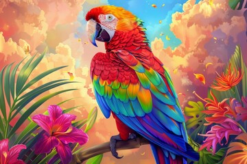 Obraz premium Vivid macaw parrot perched on branch against colorful tropical flowers and clouded sky backdrop 
