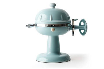 A retro-style juicer with a pastel blue exterior and a manual hand crank isolated on a solid white background.