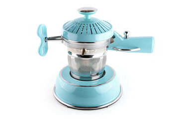 A retro-style juicer with a pastel blue exterior and a manual hand crank isolated on a solid white background.