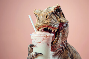 Funny portrait of a dinosaur with open toothy mouth with milkshake in hand on pink background.