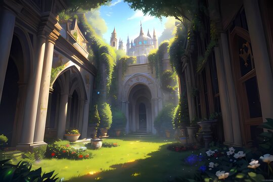 ファンタジーゲーム背景中世ヨーロッパの蔦のあるお城の中庭