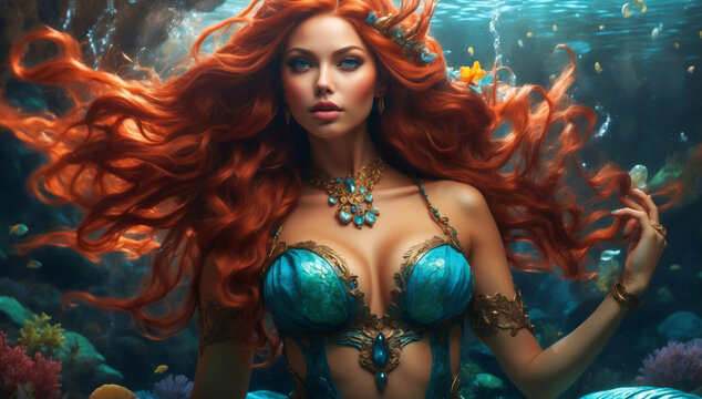 A beautiful red-headed water mermaid