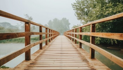 Fototapeta premium Tranquil morning mist envelops wooden bridge over serene lake surrounded by lush green trees