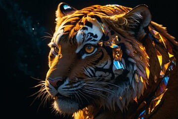 A powerful image of a tiger whose fur is made of shining crystals, illuminated by an ethereal light on a dark backdrop