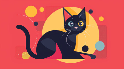 Cute black cat sitting on colorful background. 
