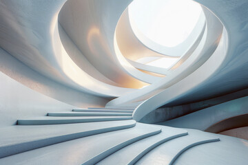 Abstract architectural interior background with staircase and flowing lines and ovals. Futuristic...