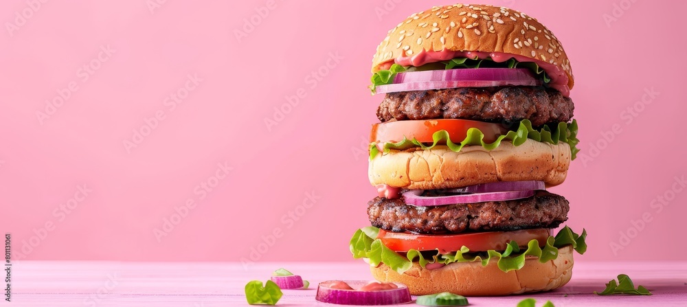 Aufkleber deconstructed burger layers floating on soft colored background with space for text