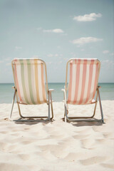 Minimal hot summer day layout with two colorful pastel beach chairs by the sea. Bright sunny holiday vibes on a sand beach.